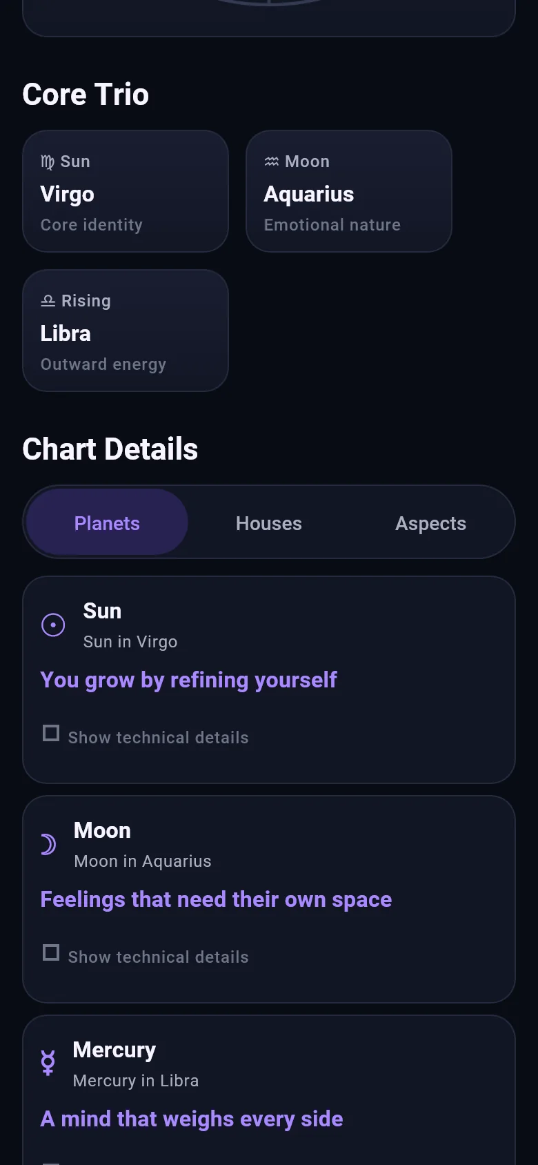 Asteriva birth chart screen with the core trio and chart details